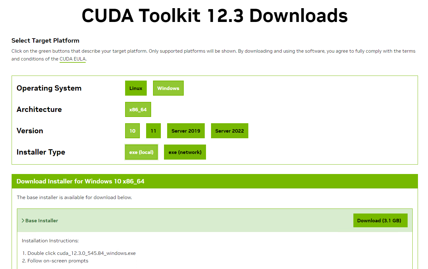 CUDA Toolkit ダウンロードページ - OS、アーキテクチャ、バージョン、インストーラタイプを選択
