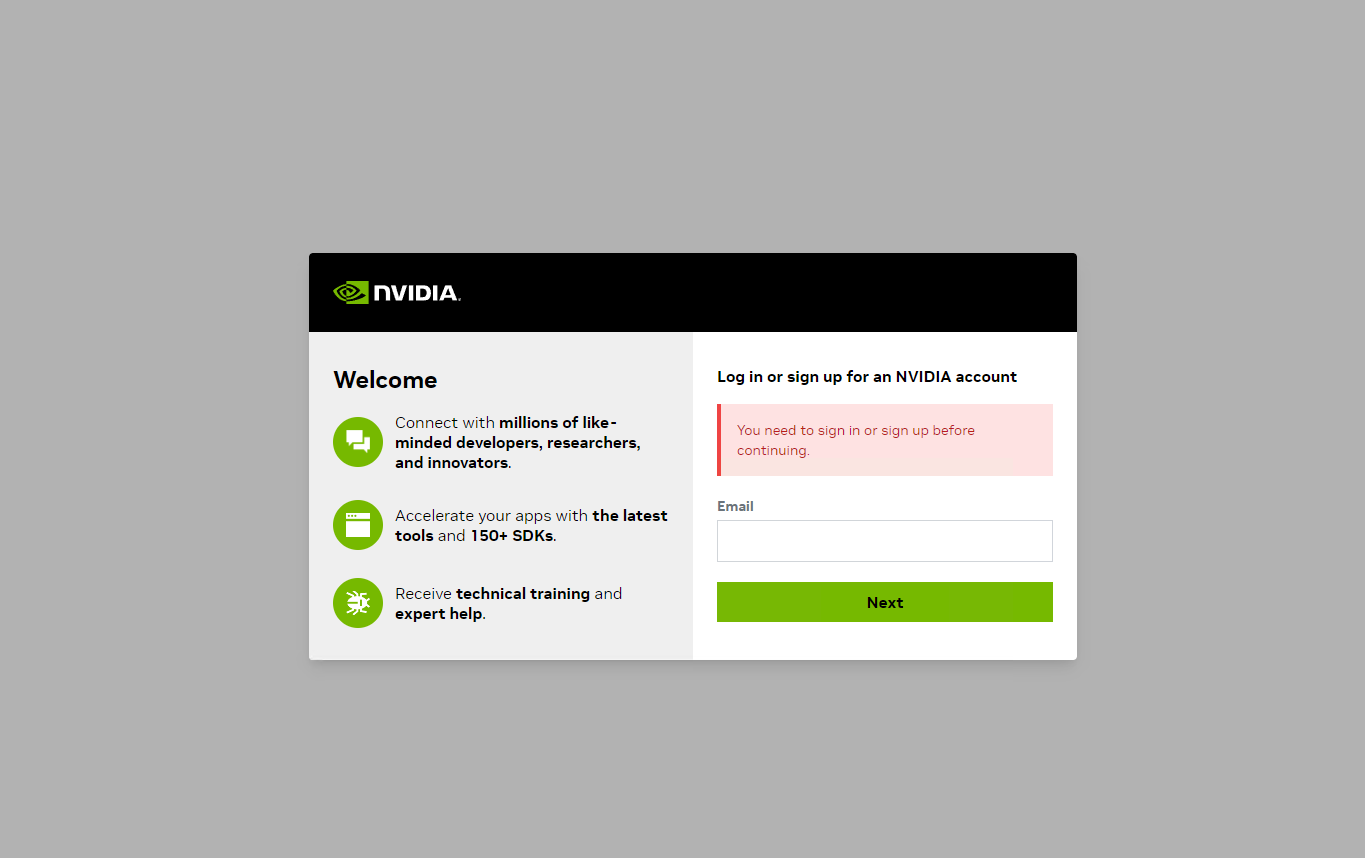 NVIDIA 開発者アカウント ログイン / サインアップ画面