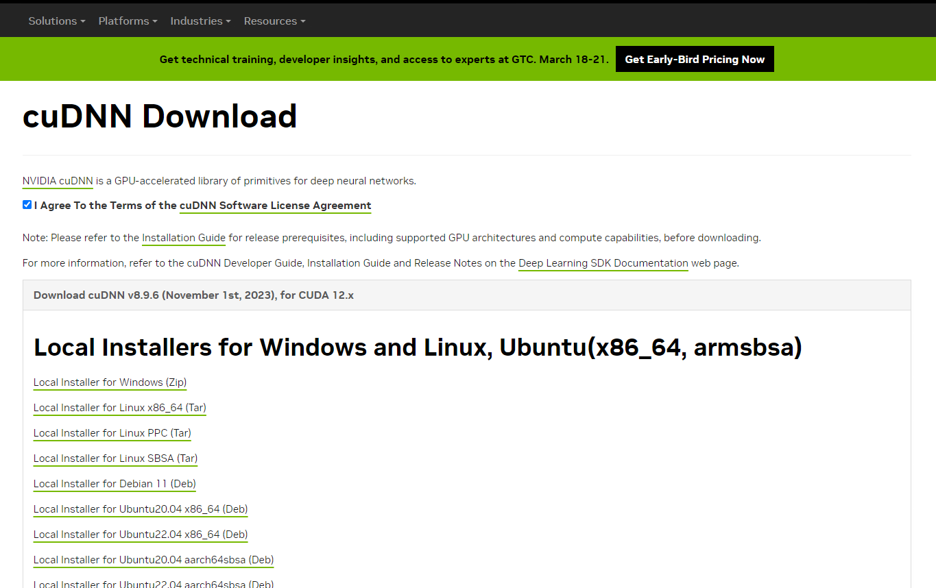 cuDNN ダウンロードページ - Local Installer for Windows (Zip) を選択